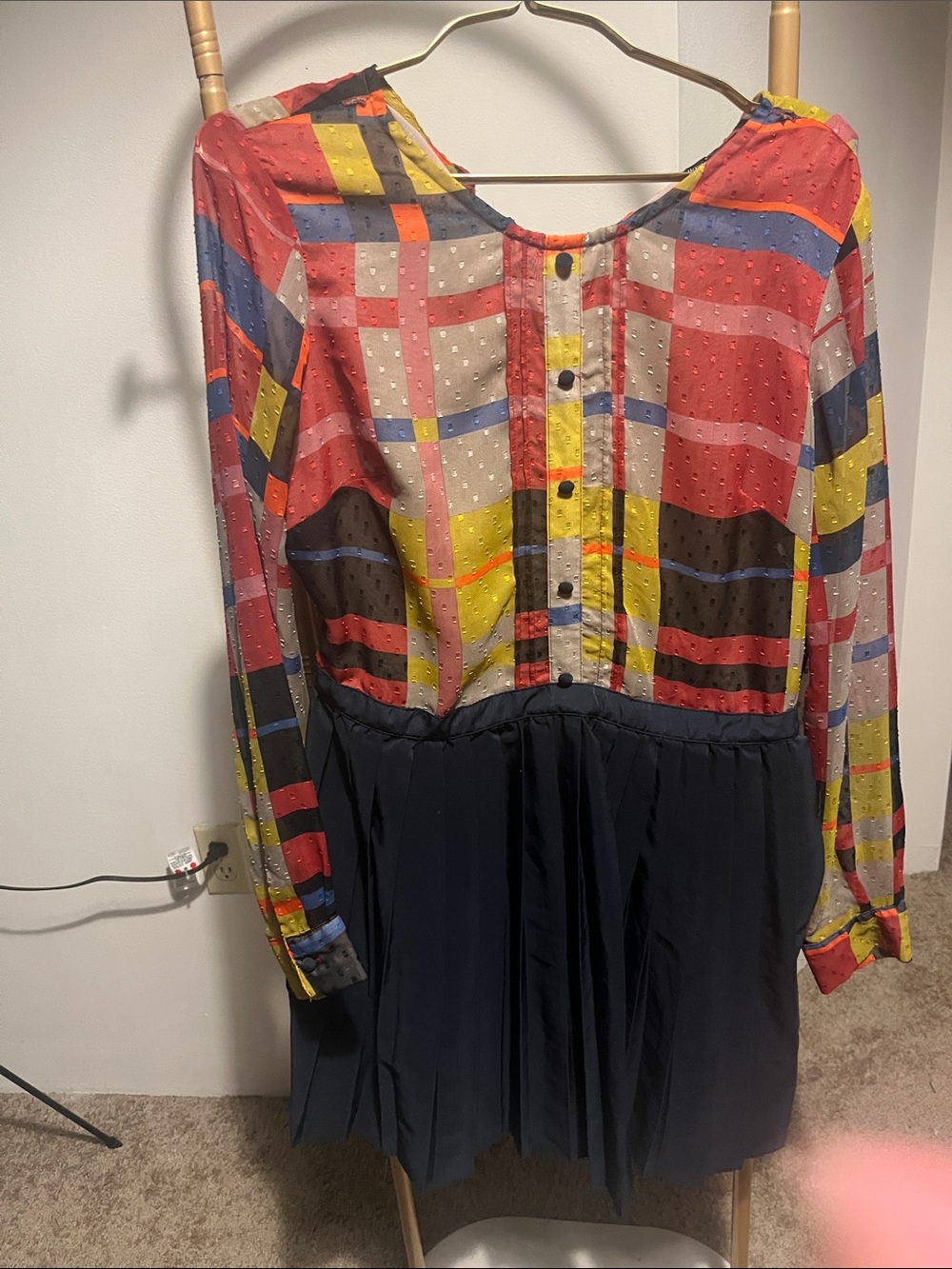 Jessica Simpson Multicolor Plaid Sheer Bodice Midi Dress with Navy Skirt